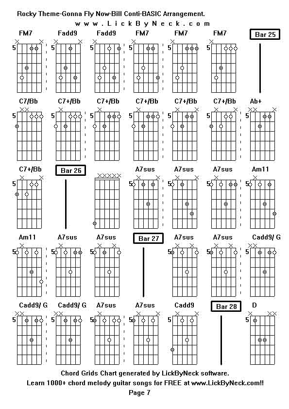 Chord Grids Chart of chord melody fingerstyle guitar song-Rocky Theme-Gonna Fly Now-Bill Conti-BASIC Arrangement,generated by LickByNeck software.